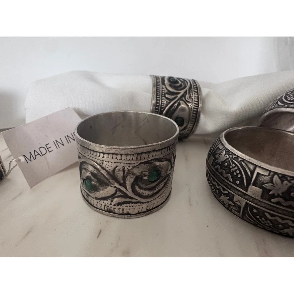 Vintage Mixed Silver Metal Napkin Rings Set of 7 India Boho Floral Bird Ornate